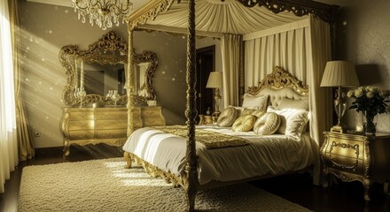 Luxurious Golden Four-Poster Canopy Bed in an Elegant Sunlit Bedroom with Ornate Furniture and Royal Decor