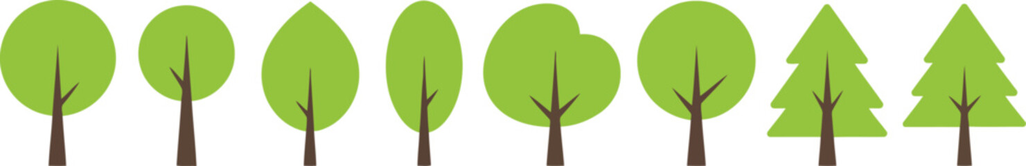 A cheerful collection of various green tree shapes standing in a neat row against a pure white setting