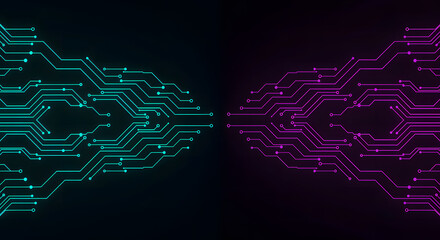 Teal and magenta circuit board patterns facing each other