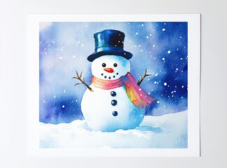 A classic watercolor snowman wearing a black top hat and rainbow scarf, surrounded by falling snow on a blue background