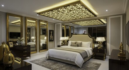 Elegant Master Bedroom Interior with Luxurious Gold Accents, Ornate Ceiling Light, and Plush Furnishings