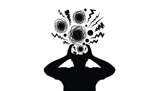 Silhouette of a person overwhelmed by chaotic thoughts and intense mental stress escaping their head