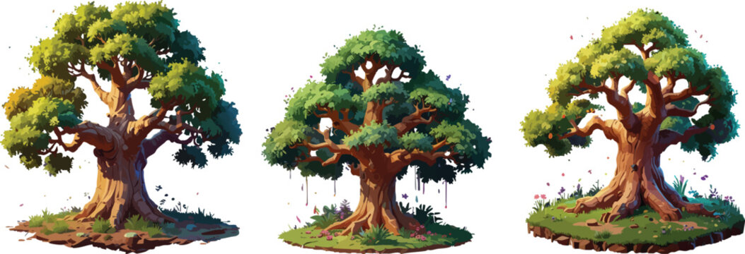 Stylized fantasy trees set, colorful cartoon nature assets for game environment