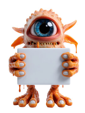 Colorful cyclops monster holding blank sign with dripping texture