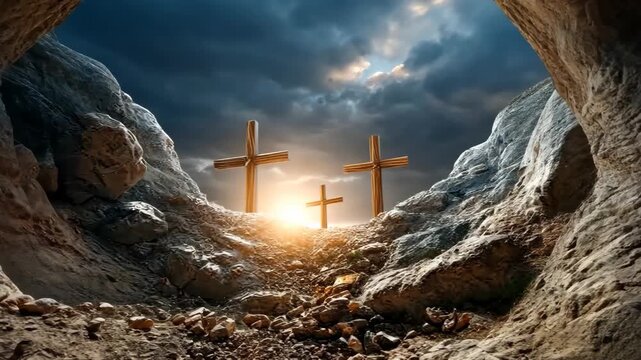 Empty tomb on Easter morning with three crosses standing on Golgotha and bright sunlight beaming down from above