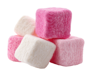 Stack of fluffy pink and white cube-shaped candies on black