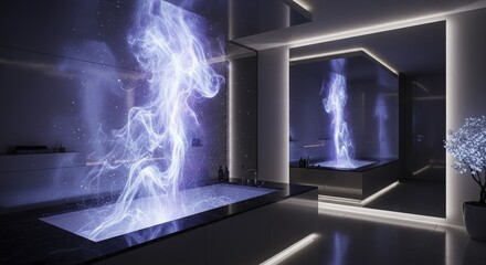 Modern Futuristic Bathroom with Ethereal Blue Glowing Bathtub, Ambient Lighting, and Minimalist Design, Reflecting a Serene Spa-like Experience