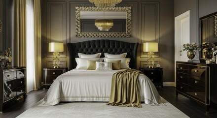 Opulent Bedroom Design with Tufted Headboard, Gold Accents, and Warm Lighting, Featuring Dark Wood Furniture and Elegant Drapery for a Luxurious and Inviting Ambiance