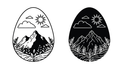 Fototapeta premium Mountain landscape with sun clouds and trees in oval frame silhouette