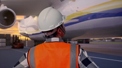Close Up Back View Of A Male Engineer Wearing Safety Helmet Looking Around While Standing With Arms Akimbo at Airport with Massive Cargo Aircraft Loading Freight