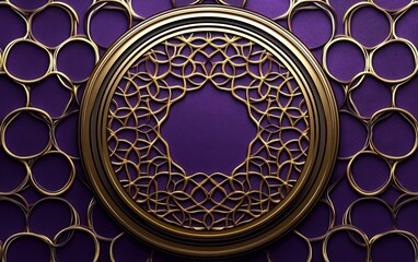 A metallic golden circular lattice pattern with interlocking circles and geometric design set against a vibrant purple background