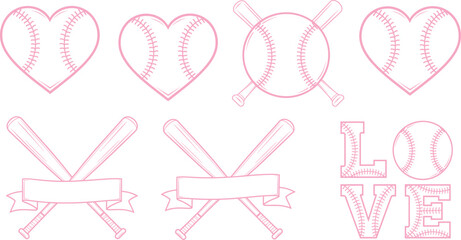 Pink baseball-themed graphics with heart shapes, crossed bats, banners, and LOVE typography featuring stitching accents on white background © Silent Soul