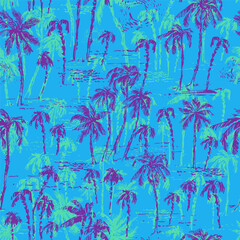 Hand drawn palm trees sketch seamless pattern in blue green and purple color. Summer holiday background. Exotic plants, island vacation, tropical flora, travel design.