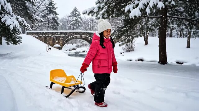 Happy young Asian girl pulling a yellow sled through deep snow in a winter park. Child walking near a stone bridge during the holiday season. Winter childhood fun concept