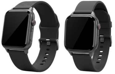Two modern smartwatch designs with sleek black bands and square faces, featuring a glossy finish and no visible interface, isolated on transparent background