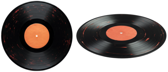 Two vintage vinyl records with a unique red and black swirl pattern displayed from above, isolated on transparent background