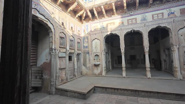 Detailed View of Medieval Period Haveli Interior Walls with Ornate Fresco Murals and Traditional Patterns, Nawalgarh Rajasthan, India