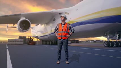Full Body Of Asian Male Engineer Wearing Safety Helmet Looking Around While Standing With Arms Akimbo at Airport with Massive Cargo Aircraft Loading Freight