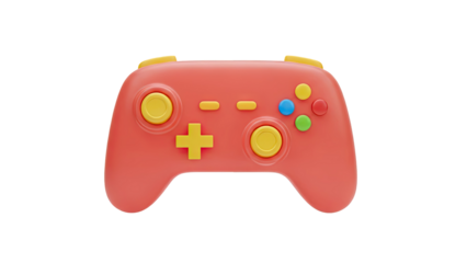 3D Rendered Red Game Controller with Yellow Accents on White Background
