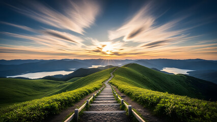 Majestic winding stone path ascending lush green hills towards a dramatic sunset sky, overlooking serene lakes and distant mountains. A beautiful nature journey.