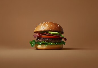A perfectly stacked classic hamburger with sesame bun, beef patty, bacon, lettuce, tomato, and avocado on a plain brown background