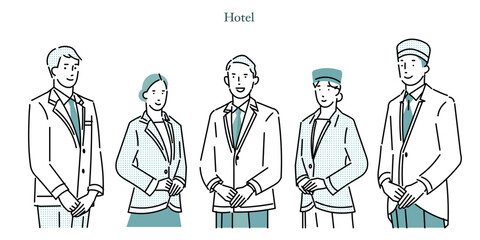 ホテルマンーホテルのユニフォームー男性と女性ー全身ー立ちポーズイラスト人物ベクター白バック素材