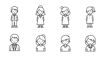 Fototapeta premium Simple line art icons representing diverse people in a clean, modern style