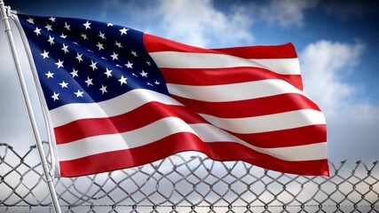 United States flag waves proudly against a cloudy sky, backdrop is a wire fence; symbolizes a complex issue