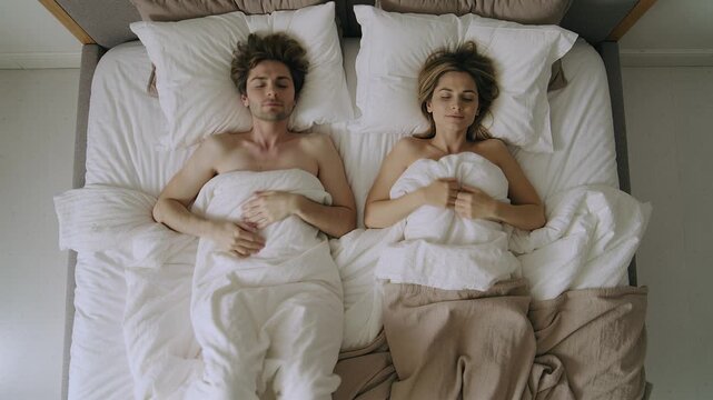 Top view of young couple sleeping peacefully under white duvet in cozy bedroom. Relaxed morning atmosphere suggests comfort and rest. Ideal for lifestyle and bedding advertisements.