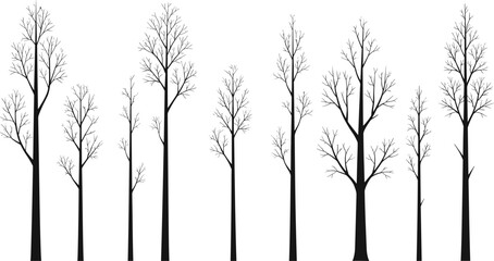 Obraz premium Black silhouette vector set of stylized leafless trees with varied trunk and branch shapes for nature-themed design use.