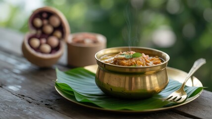 Authentic Indian Curry Served in a Traditional Brass Bowl on Banana Leaf.