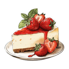 Cheesecake slice topped with whole strawberries and syrup, hand-drawn sketch style on white background, concept of dessert and sweetness