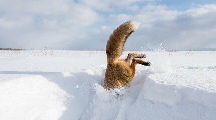 Fototapeta premium Wild Red Fox Diving Headfirst into Deep White Snow While Hunting in a Winter Field
