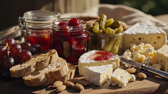 Gourmet cheese board with fruit preserves bread grapes and nuts rustic outdoor setting