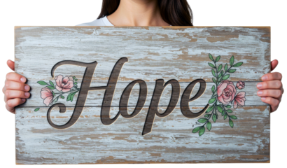 Woman holding a rustic wooden sign with the word Hope and floral decorations in soft colors, isolated on transparent background