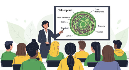 Teacher explaining the structure of a chloroplast to a group of students in a classroom setting