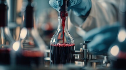 Ultrarealistic close-up of red wine filling glass bottles on a conveyor line, hands in gloves operating the bottling process at a modern craft winery, industrial beverage production