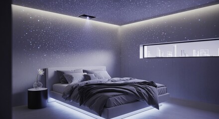 Modern Bedroom with Dreamy Starry Night Projection, Ambient LED Lighting, and Minimalist City Skyline View