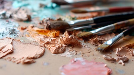 Naklejka premium Artist uses brushes and colors on a workspace filled with paint and tools in a studio