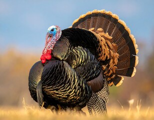 A majestic male fowl displaying iridescent plumage. This close-up view highlights vibrant red wattles & blue head against a soft sky