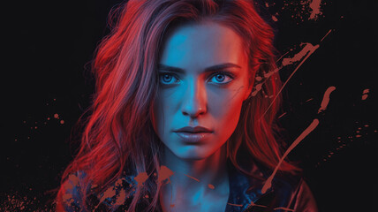 Mysterious woman with intense gaze in dramatic red and blue lighting on dark background for horror movie promotion