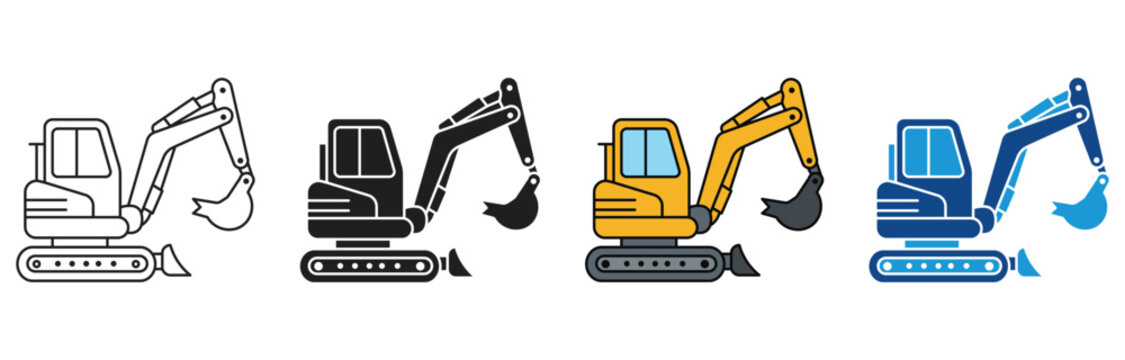 Mini excavator icon set. Mini excavator, commercial vehicles, construction equipment. Small construction excavator , Vector illustration.