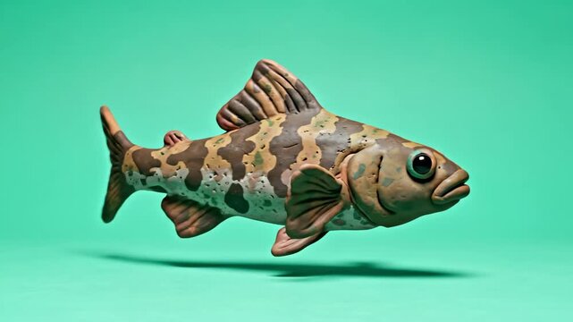 A fish with a spotted pattern swims against a green background