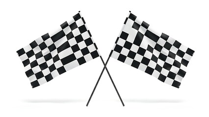 Waving racing flags with a traditional grid pattern and thin black poles displayed against a white studio setting