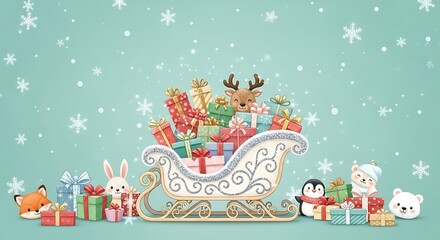 Cute cartoon animals deliver many colorful christmas presents in a festive winter sleigh illustration