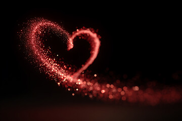 red heart shape  sparkling dust trail isolated on black background for design overlays