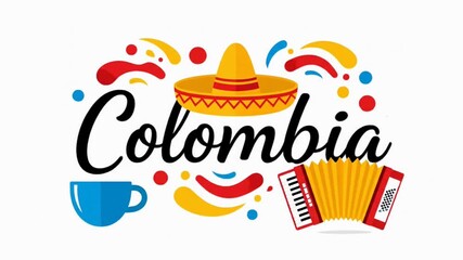Colombia typography design with sombrero accordion and hot coffee cup