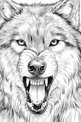 Powerful monochrome close-up of a wolf snarling with open mouth and sharp teeth, ideal for logos, tattoos, sports mascots, and dramatic fantasy or wildlife designs.