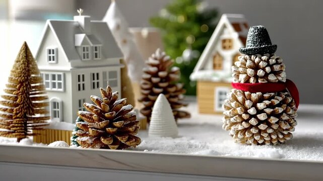 Creating pinecone snowman decorations during winter holiday season at a cozy indoor setting with festive crafts on the table