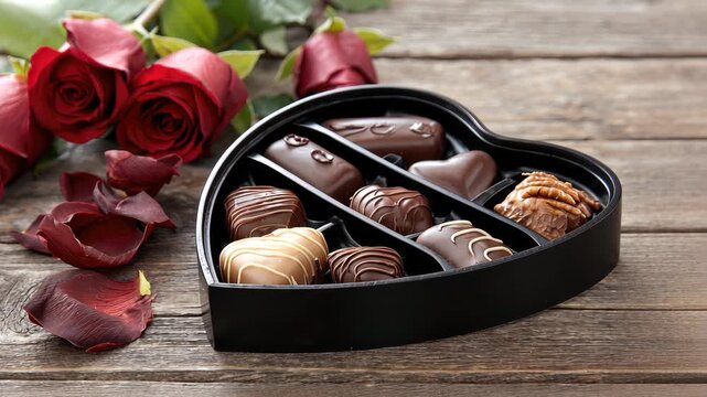 Chocolate and roses in a heart-shaped box on a wooden table with rose petals scattered around during a romantic occasion